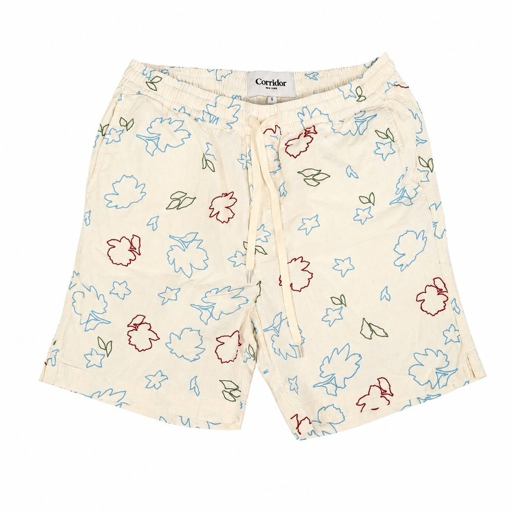 Corridor New York Men's Embroidered Linen Blend Drawstring Shorts Cream Size S